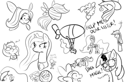 Size: 1280x838 | Tagged: safe, artist:reikomuffin, applejack, pinkie pie, princess celestia, princess luna, rainbow dash, spike, twilight sparkle, alicorn, dragon, earth pony, pegasus, pony, monochrome, woona