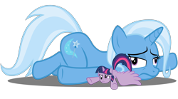 Size: 3280x1820 | Tagged: safe, artist:alexbroanimator, trixie, twilight sparkle, twilight sparkle (alicorn), alicorn, pony, unicorn, derp, dizzy, female, laying on top of someone, macro, mare, prone, simple background, size difference, transparent background