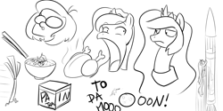 Size: 1280x640 | Tagged: safe, artist:reikomuffin, princess celestia, princess luna, scootaloo, alicorn, pony, monochrome