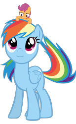 Size: 2358x3820 | Tagged: safe, artist:alexbroanimator, rainbow dash, scootaloo, pegasus, pony, female, filly, macro, mare, micro, ponies riding ponies, scootalove, simple background, size difference, smiling, transparent background
