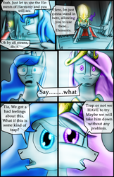 Size: 1200x1856 | Tagged: safe, artist:bonaxor, king sombra, princess celestia, princess luna, alicorn, pony, unicorn, comic:corruption, comic