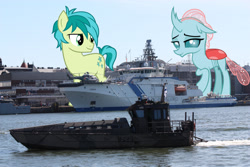 Size: 2700x1800 | Tagged: safe, artist:theotterpony, ocellus, sandbar, pony, boat, female, finland, giant pony, highrise ponies, interspecies, irl, macro, male, ocelbar, photo, ponies in real life, shipping, straight