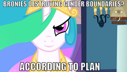 Size: 998x561 | Tagged: safe, edit, edited screencap, screencap, princess celestia, alicorn, pony, a canterlot wedding, conspiracy, female, illuminati, image macro, solo