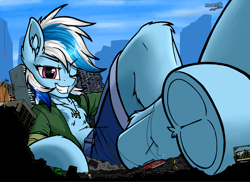 Size: 6090x4440 | Tagged: safe, artist:movieskywalker, derpibooru exclusive, oc, oc:ravist, pegasus, pony, semi-anthro, absurd resolution, building, car, chest fluff, clothes, coat, daisy dukes, destruction, frog (hoof), giant pony, grin, jeans, jeep, looking at you, lying, macro, one eye closed, open clothes, open shirt, pants, resting, ruins, shirt, shorts, smiling, underhoof, wink