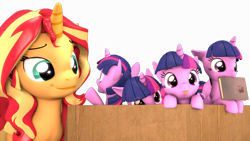 Size: 4088x2300 | Tagged: safe, artist:flushthebatsanta, sunset shimmer, twilight sparkle, twilight sparkle (alicorn), alicorn, pony, unicorn, 3d, :p, book, box, cute, female, head tilt, hnnng, looking at you, mare, micro, mlem, mouth hold, multeity, nom, open mouth, peeking, pony in a box, silly, silly pony, simple background, size difference, smiling, sparkle sparkle sparkle, tiny, tiny ponies, tongue out, transparent background, twiabetes
