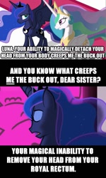 Size: 623x1040 | Tagged: safe, princess celestia, princess luna, alicorn, pony, crown, female, horn, image macro, mare, siblings, sisters