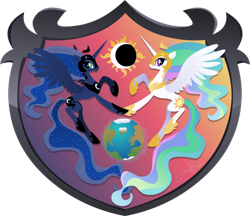 Size: 800x690 | Tagged: dead source, safe, artist:sambragg, princess celestia, princess luna, alicorn, pony, coat of arms, crescent moon, crest, ethereal mane, female, helmet, heraldry, hoof shoes, mare, moon, peytral, planet, royal sisters, simple background, starry mane, transparent background