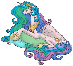 Size: 2000x1815 | Tagged: safe, artist:armanatlk, princess celestia, alicorn, pony, collar, crown, crying, female, floppy ears, hoof shoes, jewelry, lidded eyes, looking down, mare, messy mane, necklace, pillow, prone, regalia, sad, sadlestia, simple background, solo, tiara, transparent background, wing fluff