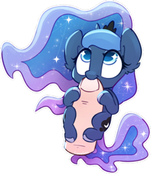 Size: 486x561 | Tagged: safe, artist:loneless-art, princess luna, alicorn, human, pony, chibi, crown, cute, ethereal mane, female, finger, implied human, innuendo, jewelry, lunabetes, mare, micro, misleading thumbnail, nom, regalia, starry eyes, starry mane, wingding eyes