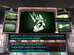Size: 1280x960 | Tagged: safe, princess celestia, alicorn, pony, computer, crossover, fallout, fallout: new vegas, parody, terminal