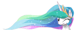 Size: 1746x696 | Tagged: safe, artist:mysticalpha, princess celestia, alicorn, pony, bust, ethereal mane, female, mare, simple background, solo, starry mane, transparent background, wallpaper, wink