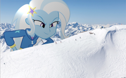 Size: 1600x1000 | Tagged: safe, artist:greenmachine987, artist:somerandomminion, edit, trixie, pony, better together, equestria girls, female, giantess, irl, looking down, looming, macro, mountain, photo, photoshop, ponies in real life, smiling, smirk, snow, snowboard, story in the source, vector, vector edit