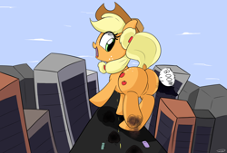 Size: 3496x2362 | Tagged: safe, artist:taurson, applejack, earth pony, pony, building, city, cowboy hat, cute, destruction, dock, female, freckles, frog (hoof), giant pony, happy, hat, jackabetes, looking back, macro, mare, onomatopoeia, open mouth, stetson, stomping, street, underhoof