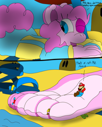 Size: 2000x2500 | Tagged: safe, artist:aswann12, pinkie pie, anthro, beach, desert, feet, fetish, foot fetish, foot focus, macro, mario, mariopie, sandals