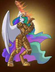 Size: 700x906 | Tagged: safe, artist:foxenawolf, princess celestia, alicorn, anthro, unguligrade anthro, armor, crossover, empress, ethereal mane, ethereal tail, female, fire, flaming sword, flowing mane, flowing tail, god empress of ponykind, god-emperor of mankind, gradient background, halo, horn, mare, multicolored mane, multicolored tail, power armor, powered exoskeleton, praise the sun, purple eyes, royalty, solo, sword, terminator armor, warhammer (game), warhammer 40k, warrior, warrior celestia, weapon, wings