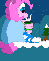 Size: 2000x2500 | Tagged: safe, artist:aswann12, pinkie pie, anthro, chocolate, food, hot chocolate, ice, macro, mario, mariopie, snow, snowfall