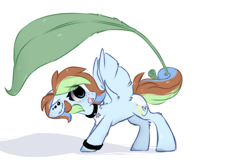 Size: 1389x891 | Tagged: safe, artist:little-sketches, oc, oc:sugar sketch, pegasus, pony, eye clipping through hair, female, leaf, mare, micro, simple background, solo, tail hold, white background