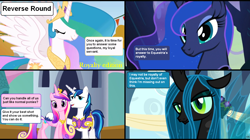 Size: 1282x720 | Tagged: safe, princess cadance, princess celestia, princess luna, queen chrysalis, shining armor, alicorn, changeling, changeling queen, pony, unicorn, comic:celestia's servant interview, caption, interview, meta