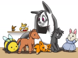 Size: 1600x1200 | Tagged: safe, artist:causticeichor, oc, oc only, oc:inkenel, oc:oretha, pony, crossover, eevee, hiding, micro, miles "tails" prower, plushie, pokémon, scrunchy face, searching, simple background, size difference, sonic the hedgehog (series)