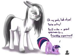 Size: 1600x1200 | Tagged: safe, artist:causticeichor, twilight sparkle, unicorn twilight, oc, oc:inkenel, oc:oretha, pony, unicorn, angry, dirty, face down ass up, female, frown, glare, imminent violence, looking at someone, macro, male, mare, micro, open mouth, prone, science, simple background, size difference, smiling, stallion, text, this will end in pain, this will end in tears, unamused, white background, wide eyes