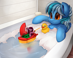 Size: 2950x2350 | Tagged: safe, artist:pridark, oc, oc only, oc:velvet shore, oc:wind sail, pony, bath, commission, female, mare, micro, rubber duck, water