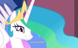 Size: 900x550 | Tagged: safe, edit, edited screencap, screencap, princess celestia, alicorn, pony, caption, image macro, implied farting, text