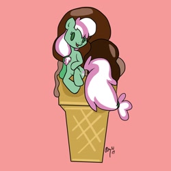 Size: 1200x1200 | Tagged: safe, artist:amynewblue, minty, pony, beady eyes, food, ice cream, micro, open mouth, pink background, ponies in food, simple background, sitting, solo