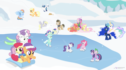 Size: 1600x889 | Tagged: safe, artist:dm29, apple bloom, applejack, big macintosh, bon bon, derpy hooves, doctor whooves, fluttershy, lyra heartstrings, pinkie pie, princess cadance, princess celestia, princess luna, rainbow dash, rarity, scootaloo, shining armor, spike, sweetie belle, sweetie drops, twilight sparkle, earth pony, pony, unicorn, bipedal, cider, clothes, cutie mark crusaders, female, fluttermac, hat, ice skating, male, mane seven, mane six, scarf, shipping, sled, snow, snowball fight, straight, sweater, text, wall of text, winter