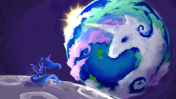 Size: 1331x756 | Tagged: safe, artist:s0901, princess celestia, princess luna, alicorn, pony, banishment, cloud, ethereal mane, female, mare, moon, planet, scenery, sitting, solo, space, starry mane, sun