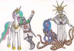 Size: 3984x2768 | Tagged: safe, artist:waasaabi, princess celestia, princess luna, alicorn, human, pony, snake, colored pencil drawing, crossover, dark souls, dark sun gwyndolin, female, helmet, male, man, mare, praise the moon, praise the sun, s1 luna, solaire of astora, traditional art, woman