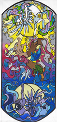 Size: 450x951 | Tagged: dead source, safe, artist:waasaabi, discord, princess celestia, princess luna, alicorn, pony, stained glass, traditional art