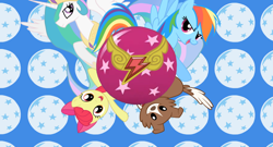 Size: 1362x737 | Tagged: safe, artist:fey-rune, apple bloom, princess celestia, rainbow dash, winona, alicorn, pegasus, pony, ball, crossover, element of loyalty, football, inazuma eleven, inazuma eleven go, parody, ten made todoke