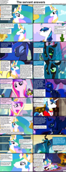 Size: 1282x3304 | Tagged: safe, princess cadance, princess celestia, princess luna, queen chrysalis, shining armor, alicorn, changeling, changeling queen, pony, unicorn, comic:celestia's servant interview, caption, comic, interview