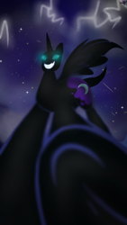 Size: 262x466 | Tagged: safe, artist:aurumnarts, nightmare moon, alicorn, pony, crush fetish, crushing, cutie mark, evil, evil grin, fangs, fetish, giant pony, glowing eyes, grin, hoof fetish, imminent crushing, imminent death, lightning, macro, night, smiling