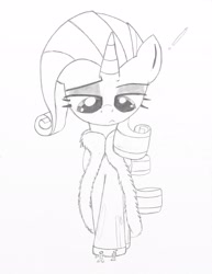 Size: 1582x2048 | Tagged: safe, rarity, human, pony, unicorn, bathrobe, clothes, lineart, looking down, macro, micro, robe