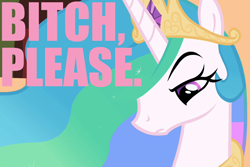 Size: 1080x720 | Tagged: safe, princess celestia, alicorn, pony, bitch please, bust, caption, female, image macro, mare, portrait, reaction image, solo, vulgar