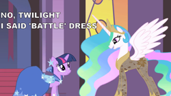 Size: 1280x720 | Tagged: safe, artist:totallynotabronyfim, princess celestia, twilight sparkle, alicorn, pony, clothes, dress, gala dress, uniform