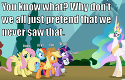 Size: 1040x660 | Tagged: safe, fluttershy, pinkie pie, princess celestia, rainbow dash, rarity, twilight sparkle, alicorn, earth pony, pegasus, pony, unicorn, caption, image macro, shocked, surprised