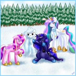 Size: 1200x1200 | Tagged: dead source, safe, artist:fatcakes, princess cadance, princess celestia, princess luna, alicorn, pony, ..., alicorn triarchy, celestia is not amused, clothes, female, mare, princess luna is amused, scarf, snow, snowfall, snowpony, this will end in tears and/or a journey to the moon, varying degrees of amusement