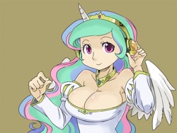 Size: 1024x768 | Tagged: safe, artist:shepherd0821, princess celestia, human, alicorn humanization, bare shoulders, big breasts, breasts, cleavage, colored pupils, cute, cutelestia, female, headphones, horned humanization, humanized, looking at you, princess breastia, smiling, solo, winged humanization