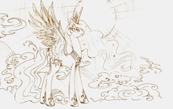 Size: 2855x1788 | Tagged: dead source, safe, artist:matrosha123, princess celestia, alicorn, pony, monochrome, smiling, solo, sun