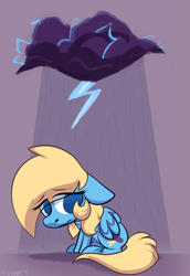 Size: 1691x2460 | Tagged: safe, artist:shibaroll, derpibooru import, oc, oc:thunderdaze, horse, pegasus, pony, art, blonde, blue, blue eyes, cartoon, cloud, cutie mark, equine, head down, illustration, rain, sad, sitting, stormcloud, thunderstorm, weather