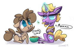 Size: 3204x2040 | Tagged: safe, artist:shibaroll, derpibooru import, oc, oc only, oc:chickenwing, oc:happypenguinink, pegasus, pony, unicorn, art, blue eyes, cartoon, chewing, couple, crossed hooves, dialogue, duo, eating, food, glasses, hoof tapping, illustration, magic, oc x oc, popcorn, shipping, static, talking, text, yellowmane