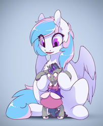 Size: 2844x3500 | Tagged: safe, artist:arctic-fox, oc, oc only, oc:starburn, oc:verlo streams, pegasus, pony, bipedal, blushing, clothes, crossdressing, dress, embarrassed, hair bow, micro, size difference