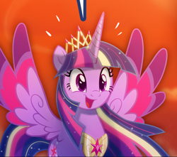 Size: 790x699 | Tagged: safe, artist:light262, artist:lummh, edit, twilight sparkle, twilight sparkle (alicorn), alicorn, pony, comic:timey wimey, colored wings, cropped, crown, element of magic, ethereal mane, female, happy, mare, multicolored wings, older, older twilight, open mouth, peytral, rainbow power, regalia, smiling, solo, ultimate twilight