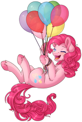 Size: 1013x1508 | Tagged: safe, artist:ak4neh, pinkie pie, earth pony, pony, balloon, chest fluff, cute, diapinkes, ear fluff, female, floating, leg fluff, mare, one eye closed, open mouth, simple background, solo, then watch her balloons lift her up to the sky, transparent background, unshorn fetlocks, wink