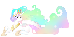 Size: 2800x1400 | Tagged: safe, artist:lelittleluna, princess celestia, alicorn, pony, female, horn, mare, multicolored mane, prone, solo, white coat