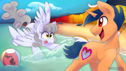 Size: 3200x1800 | Tagged: safe, artist:shibaroll, derpibooru import, oc, oc only, oc:metromotors, pegasus, pony, unicorn, beach, beach ball, duo, female, friendship, gray coat, inflatable, male, michigan, sand, tongue out, water, watermark, wings