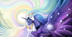 Size: 1200x621 | Tagged: safe, artist:yiuokami, princess celestia, princess luna, alicorn, pony, crown, female, hoers, horn, mare, moon, royal sisters, siblings, sisters, sun