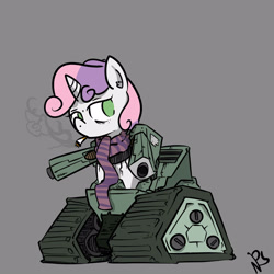 Size: 1600x1600 | Tagged: safe, artist:whydomenhavenipples, sweetie belle, sweetie bot, pony, robot, robot pony, unicorn, clothes, female, filly, foal, gray background, hooves, horn, scarf, signature, simple background, smoke, smoking, solo, solo female, tank (vehicle), wat, weapon